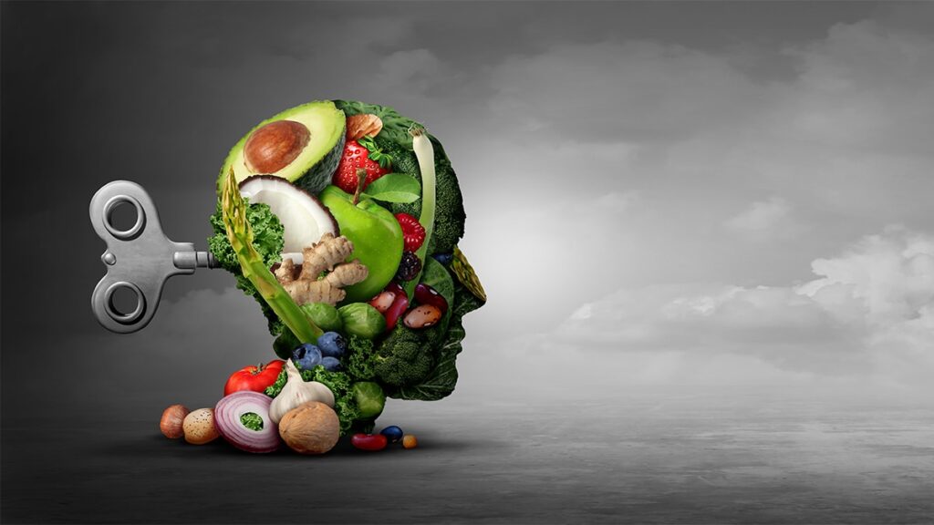 Vegan diet and mental function concept as a psychiatric or psychiatry symbol of the effects on the brain  and mood by eating natural food as fruit nuts vegetables and beans with 3D illustration elements.