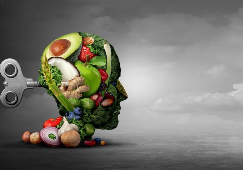Vegan diet and mental function concept as a psychiatric or psychiatry symbol of the effects on the brain  and mood by eating natural food as fruit nuts vegetables and beans with 3D illustration elements.
